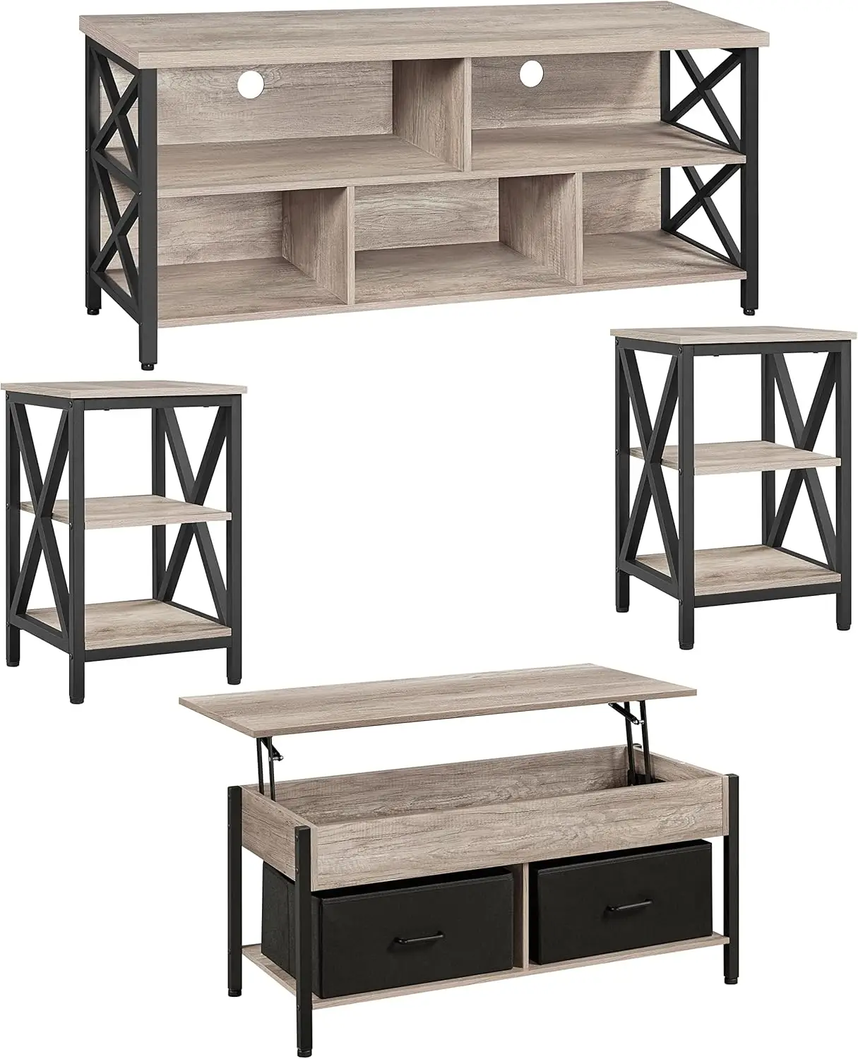 4 Pieces Living Room Table Sets - Includes TV Stand with Storage for 65 in TV, Lift-top Coffee Table with Baskets, Gray