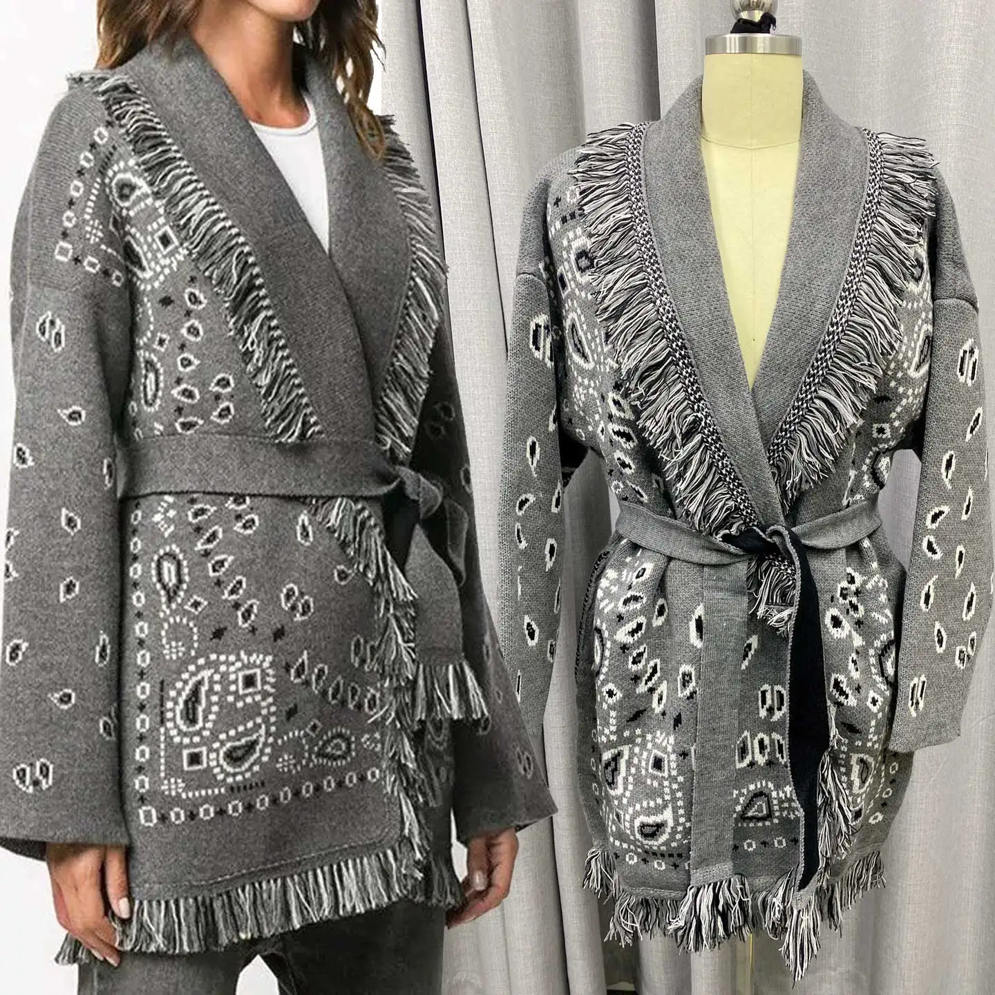 Cárdigan gris de punto abierto para mujer, cárdigan cálido de Cachemira con dobladillo y dobladillo de talla grande, cárdigan de marca de lujo, abrigo, suéter con cinturón