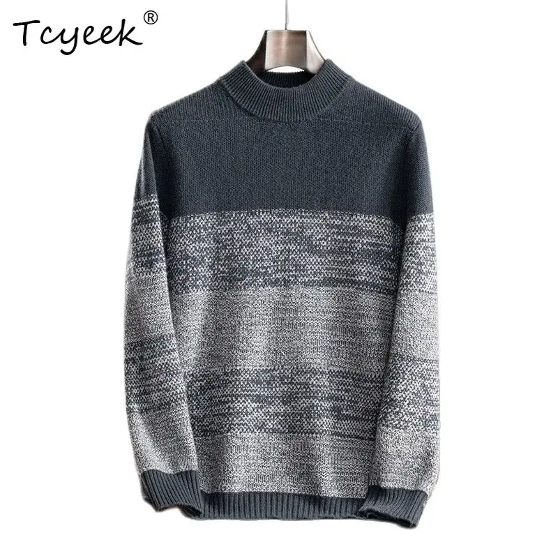 Tcyeek, suéter grueso 35% cachemira 65% lana, cuello simulado a rayas para hombre, jersey versátil de negocios, Otoño Invierno 2024 T47964QC