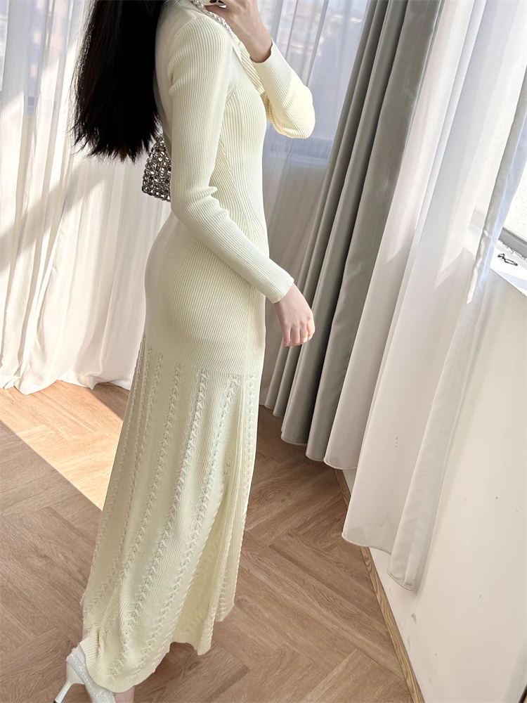 

Dress for women Beige ribbed round neck long sleeved metal buckle elastic slim fit knitted"French Elegance" S Home~