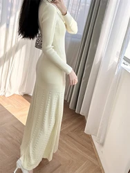 Dress for women Beige ribbed round neck long sleeved metal buckle elastic slim fit knitted