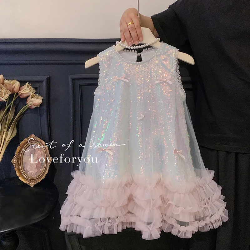 High-end Princess Baby Girl Dress 2026 New Children Clothing Girls Dress Summer New Children Butterfly Sequin Vest Dress