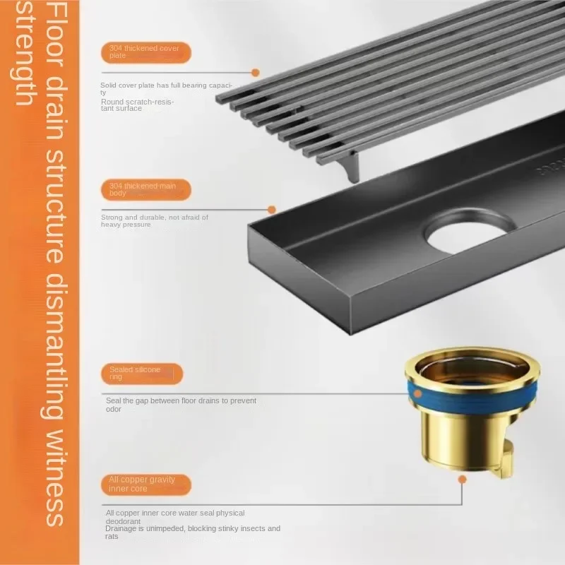 Black Thickened 304 Stainless Steel Strip Floor Drain Bathroom Toilet Large Displacement Insect And Odor Proof Floor Drain