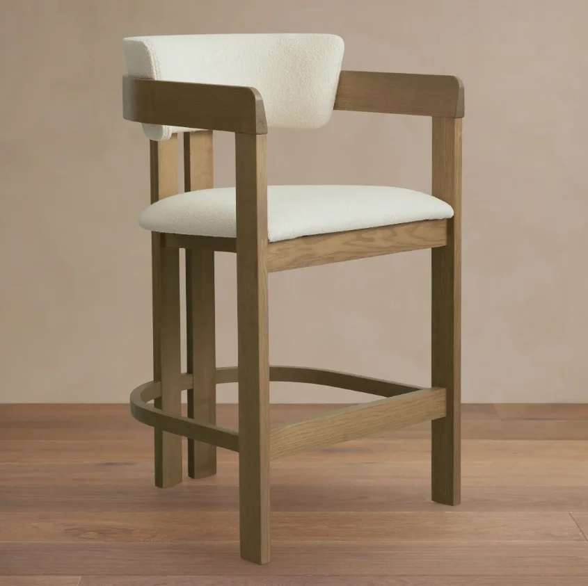 Custom Solid Wood Boucle Bar Stool Curved Wrap-Around Backrest Horseshoe Footrest Cream Cashmere Japandi Counter Stool Dining Ou