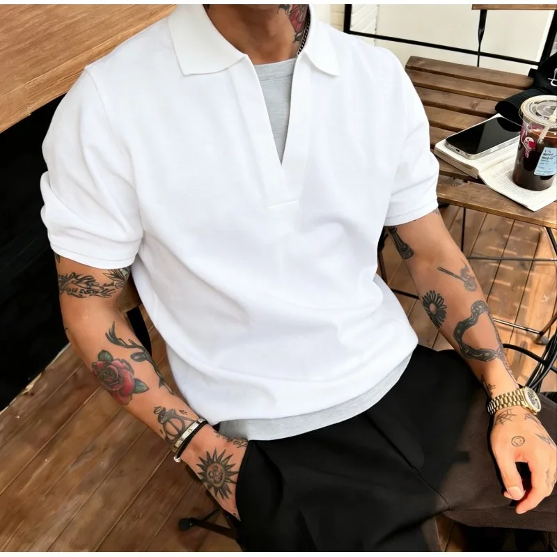 Summer Business Polo Shirt Men's Fake Two-piece Knitted Shirt Ice Silk Thin Breathable Casual T-shirt Male Formal Social Polos
