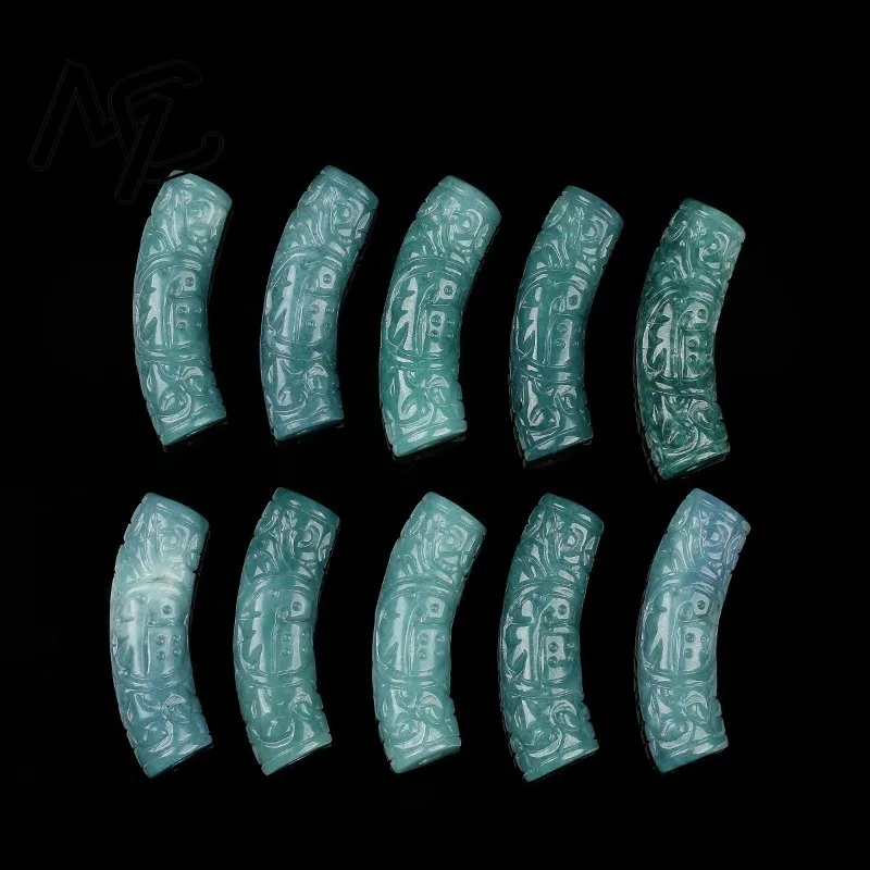 

1PC Natural Blue Water Jadeite Carved Curved Pipe Jade Accessories DIY Bangle Charm Jewellery Fashion Hand-Carved Luck Amulet