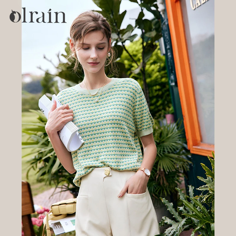 OLrain Women Pullover 2026 Summer French Floral Knitted Sweater Fad Commuting Loose Jacquard Round Neck Lady Jumper O22XZ60838