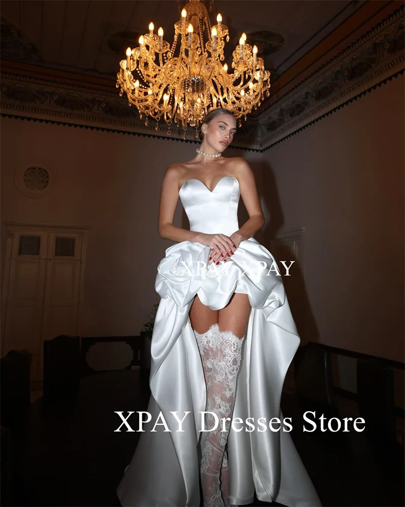 XPAY Sweetheart corto davanti lungo dietro abiti da sposa backless raso volant calzini abiti da sposa in pizzo serata formale del partito