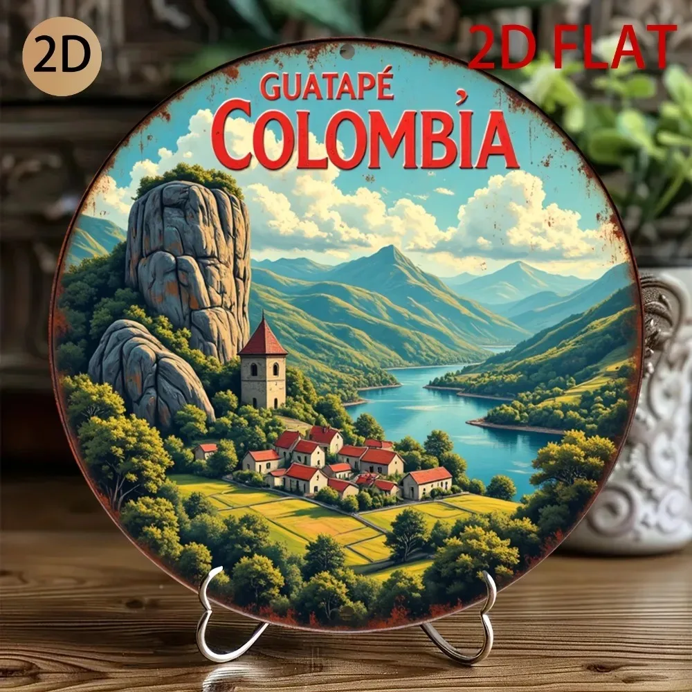 Panneau rond 2D plat en bois Guatape Colombie, décoration murale vintage de voyage, art paysager, paysage du lac El Peñol, pour la maison, le jardin et la terrasse