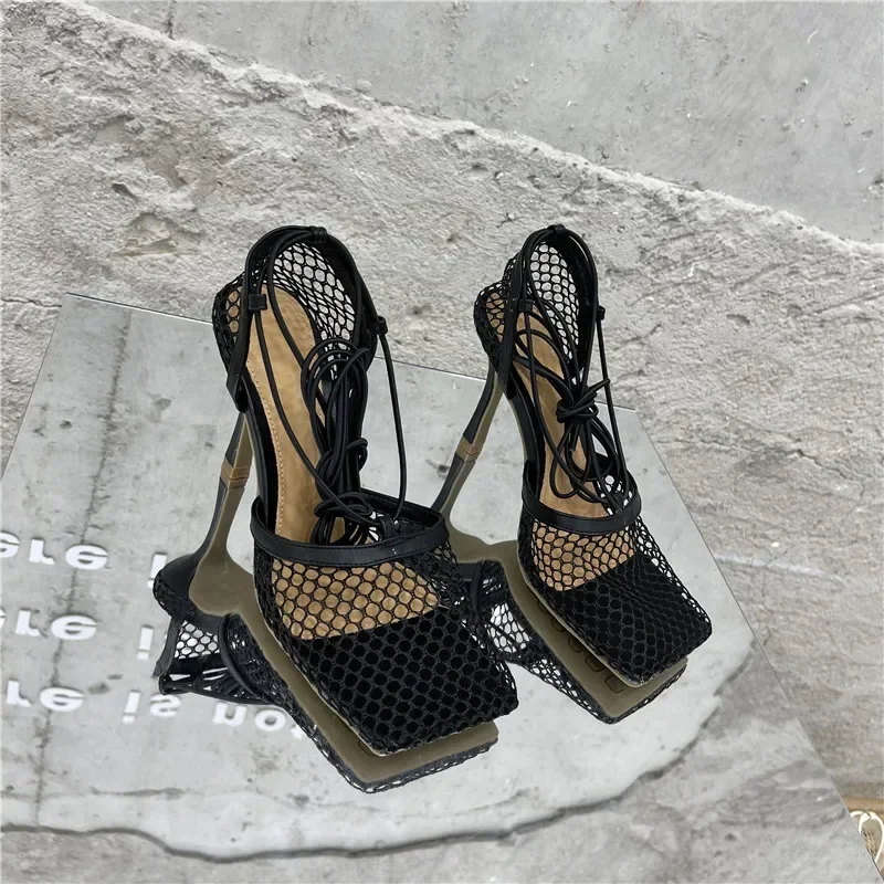 Sexy Mesh Pumps Sandals Female Square Toe High Heel Lace Up Cross-Tied Stiletto Hollow Dress Shoes