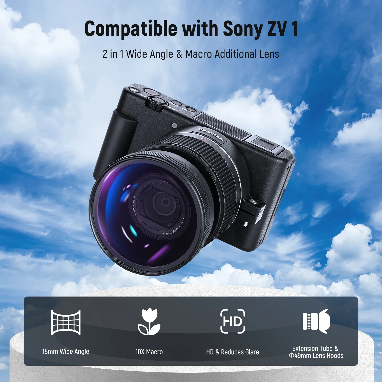 NEEWER 18mm HD Wide Angle Compatible With Sony ZV1 Camera Lamp; 2 In 1 10x Macro Additional Lens With Extension Tube