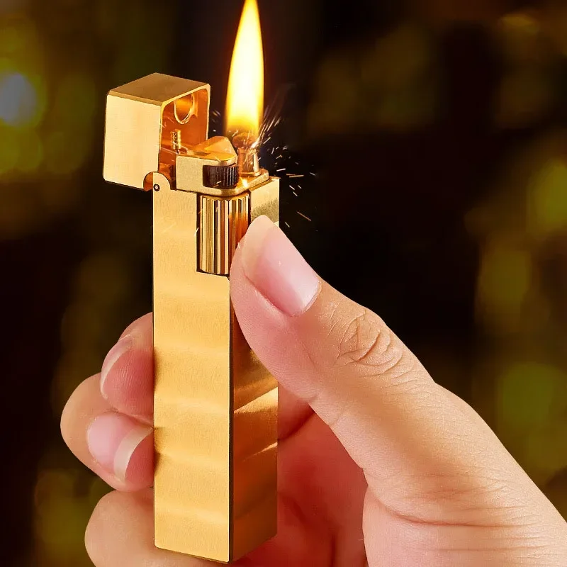 

New brass handmade kerosene lighter square vintage pure copper grinding wheel open flame men's collection gift