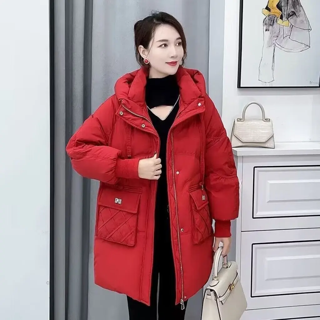 

Women's Hooded Mid-Length down Cotton Jacket Pineapple Pocket Thick Cotton-Padded Coat Large Size Winter Cold-Proof Outerwear