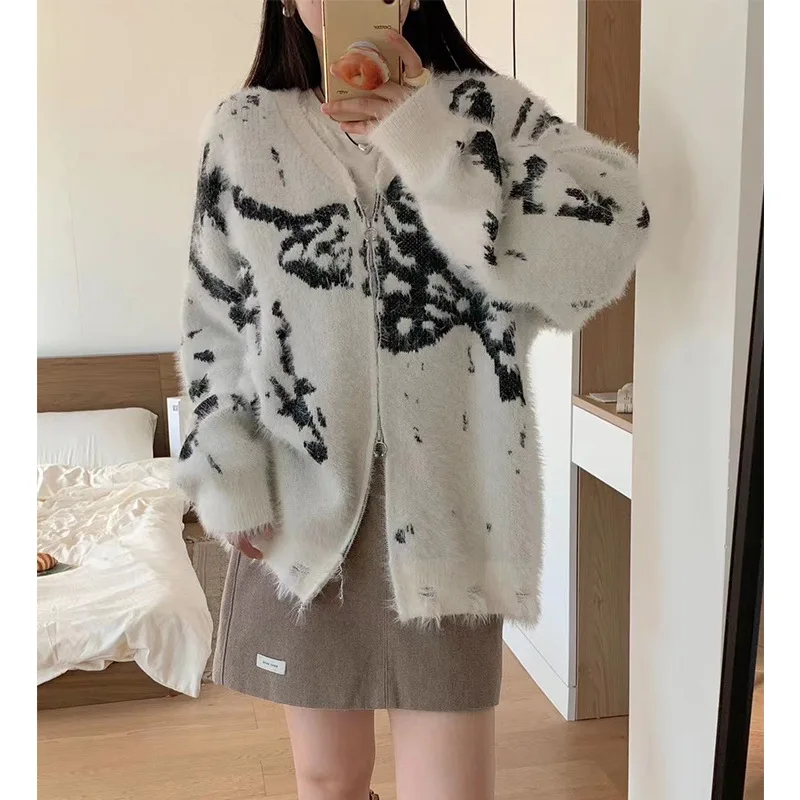 Neploe Advanced Exquisite Streetwear All-match Cardigan O Neck Long Sleeve Panelled Fluffy Knitwear Lazy Simple Loose Sweaters