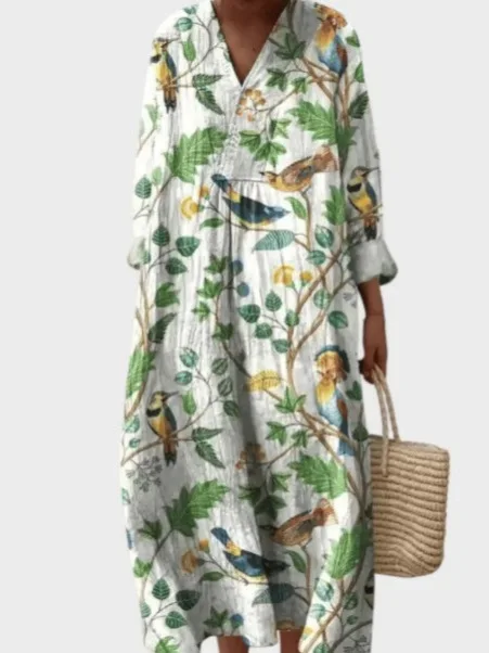

2026 New Fashion Vacation Style V-Neck Long Sleeve Printed Loose Beach Dress Women's Stylish Color Block Design Long Gown