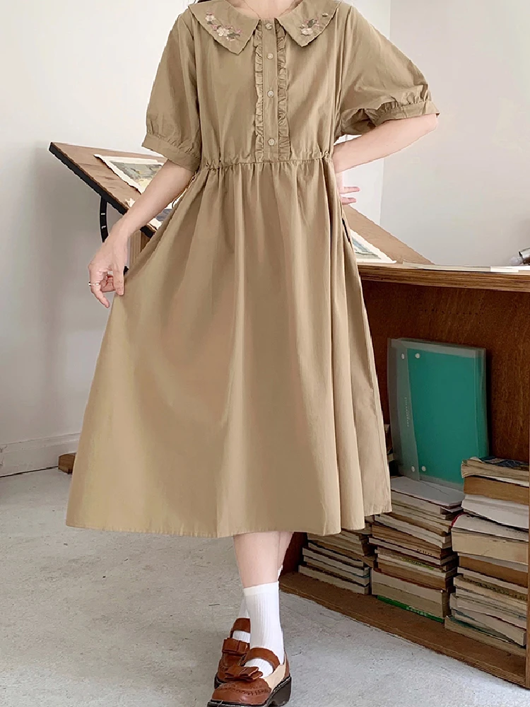 Sweet Kawaii Preppy Style Lolita Women Dress Elegant Summer Embroidery Waist Short Sleeve Ruffles Princess Dresses Female 2023