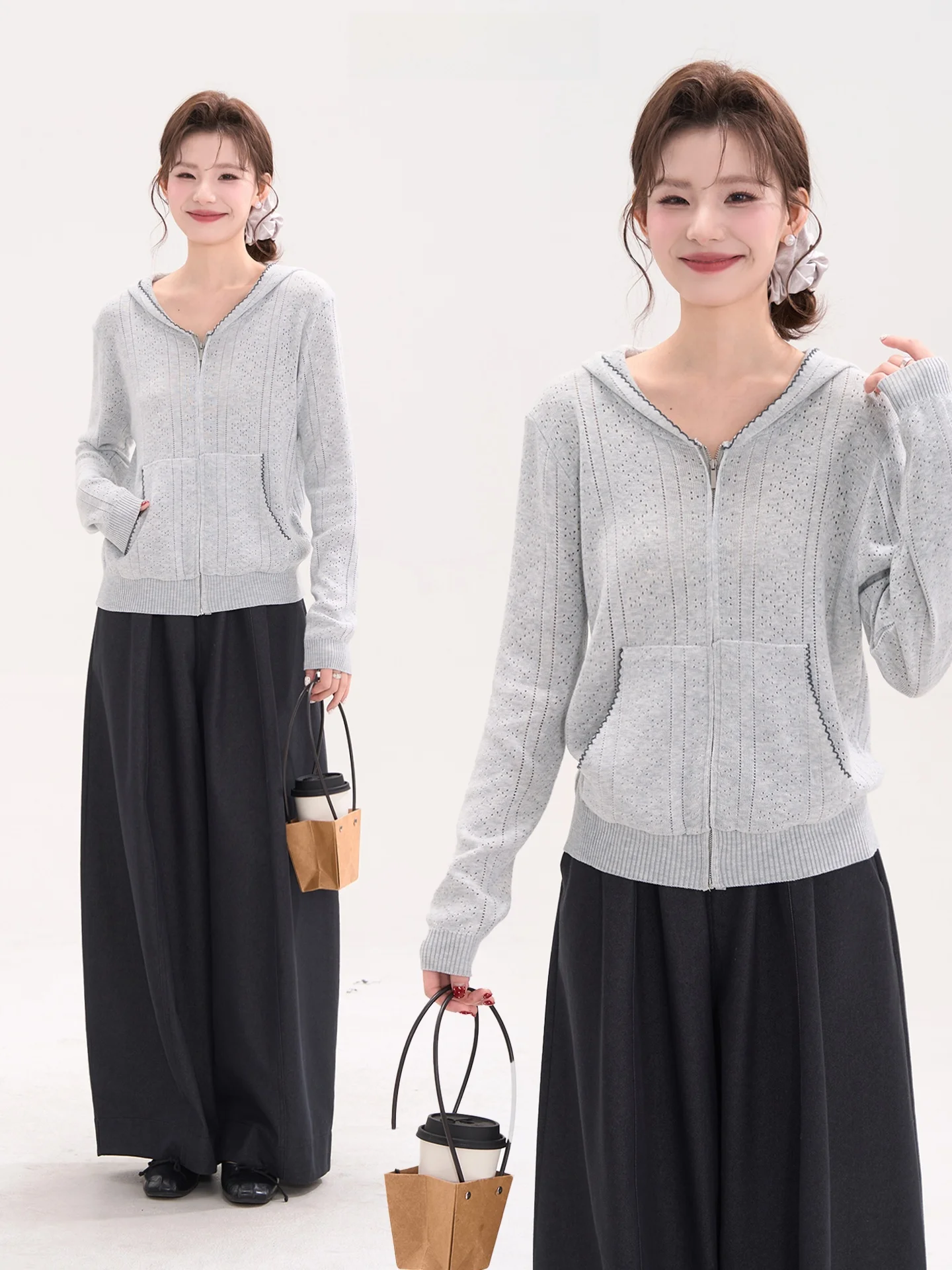 

Вязаный кардиган Heme с капюшоном и длинными рукавами, женский, весенний, универсальный, ажурный, повседневный, из смесовой шерсти