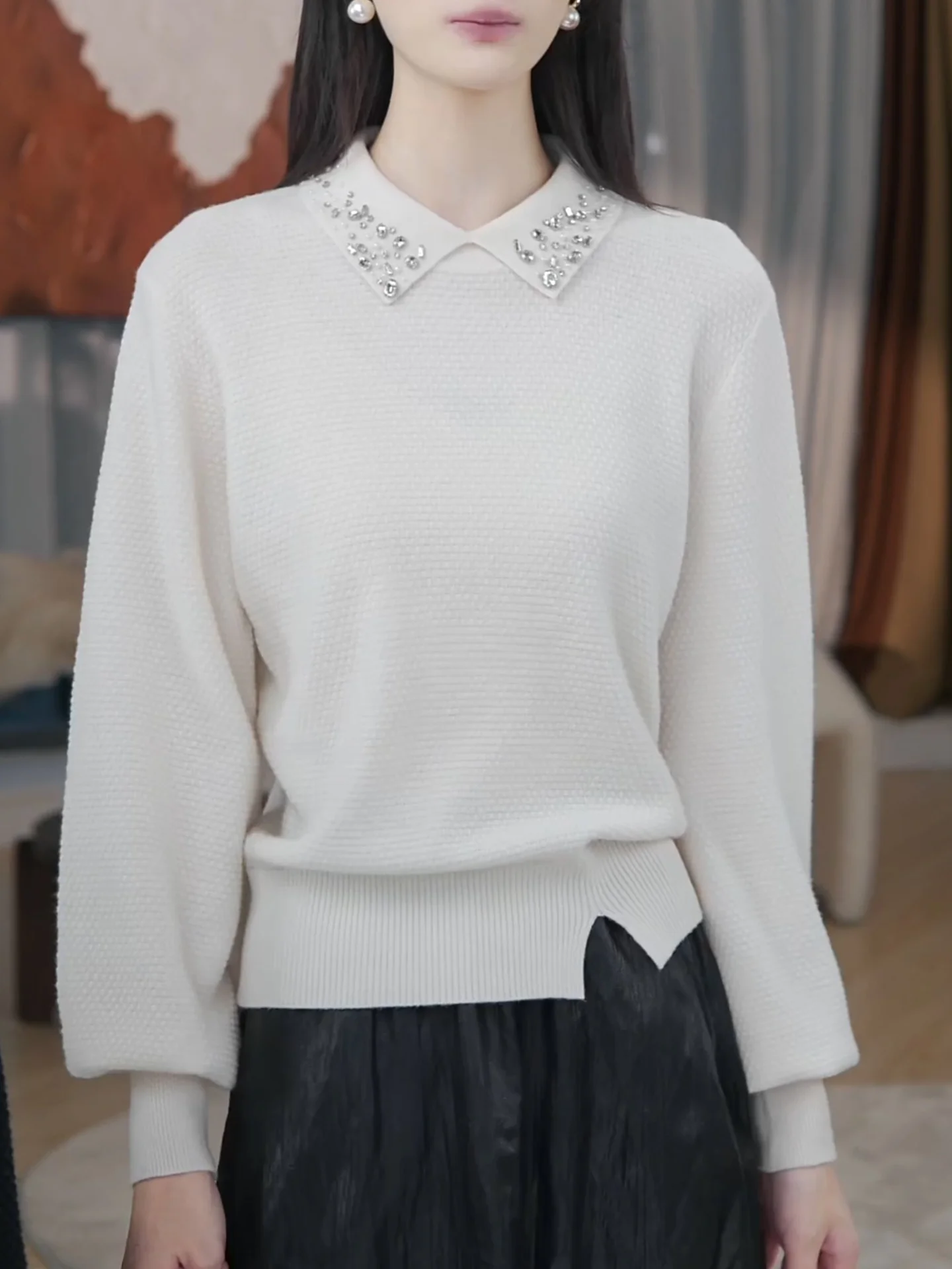 

Женский вязаный топ Ele Lady Sle с длинным рукавом, белый, осенне-зимний, базовый слой, утягивающий, универсальный, с алмазной отделкой