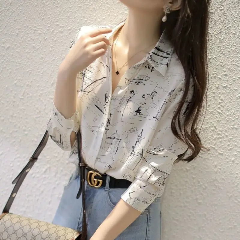 Office Lady Printed Fashion Single-breasted Shirt Chiffon Spring Autumn Casual Loose Women\'s Clothing Polo-Neck All-match Blouse