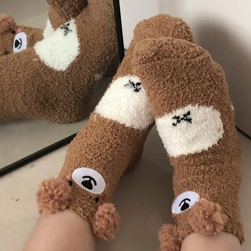 Kawaii Rilakkuma Coral Fleece Socks Cartoon Japanese Anime Autumn Winter Warm Thickening Mid Length Socks Girl Clothing Gifts