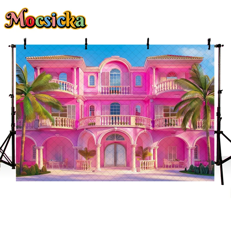 Mocsicka Photography Background Summer Pink Beach House Palm Tree Decor Baby Shower Kids Birthday Portrait Backdrop Photo Studio