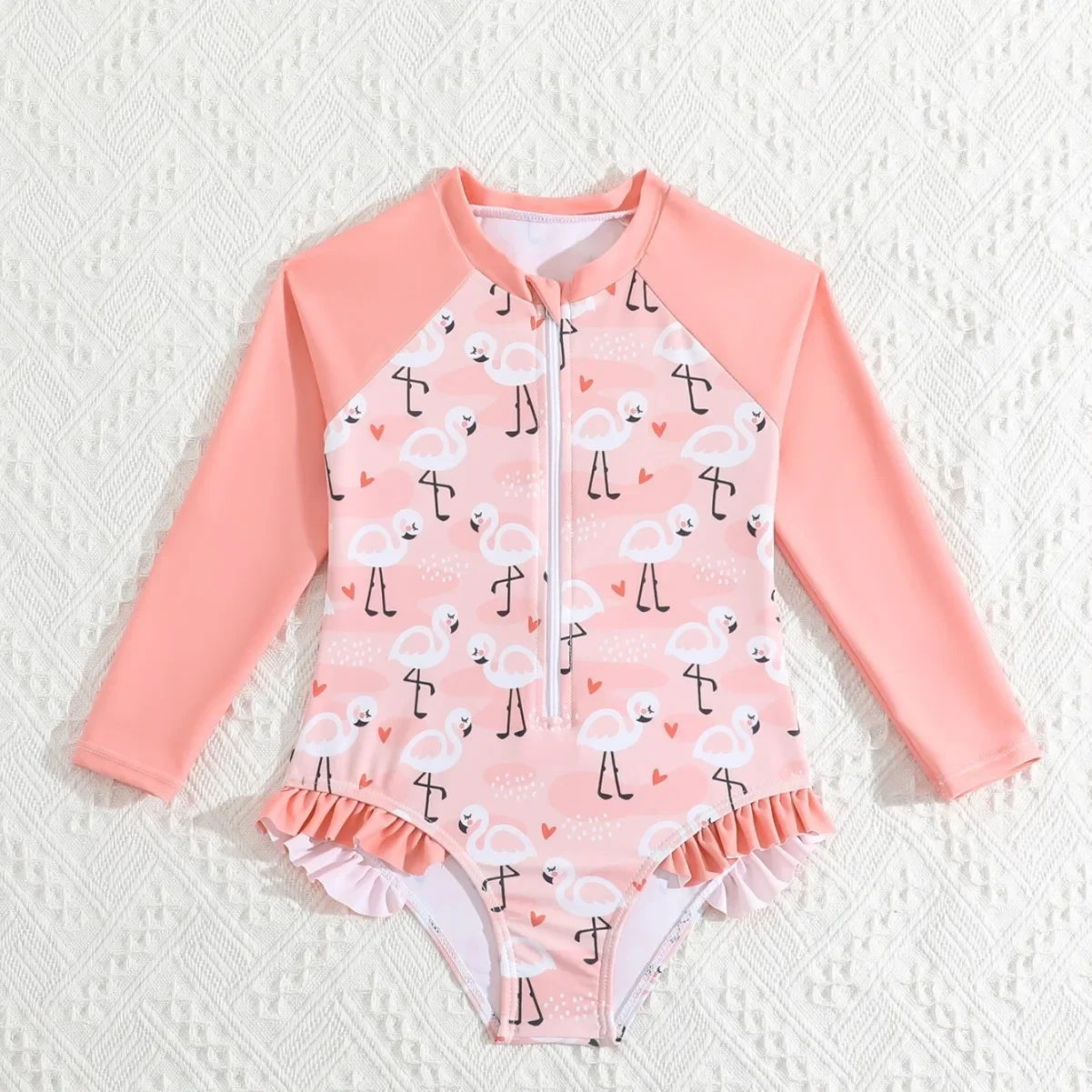 New 2025 Summer Girls One-piece Swimsuit Kids Long Sleeve Zipper Quick-Dry Cute Cartoon Flamingo Swimwear Baby Bathing Costume