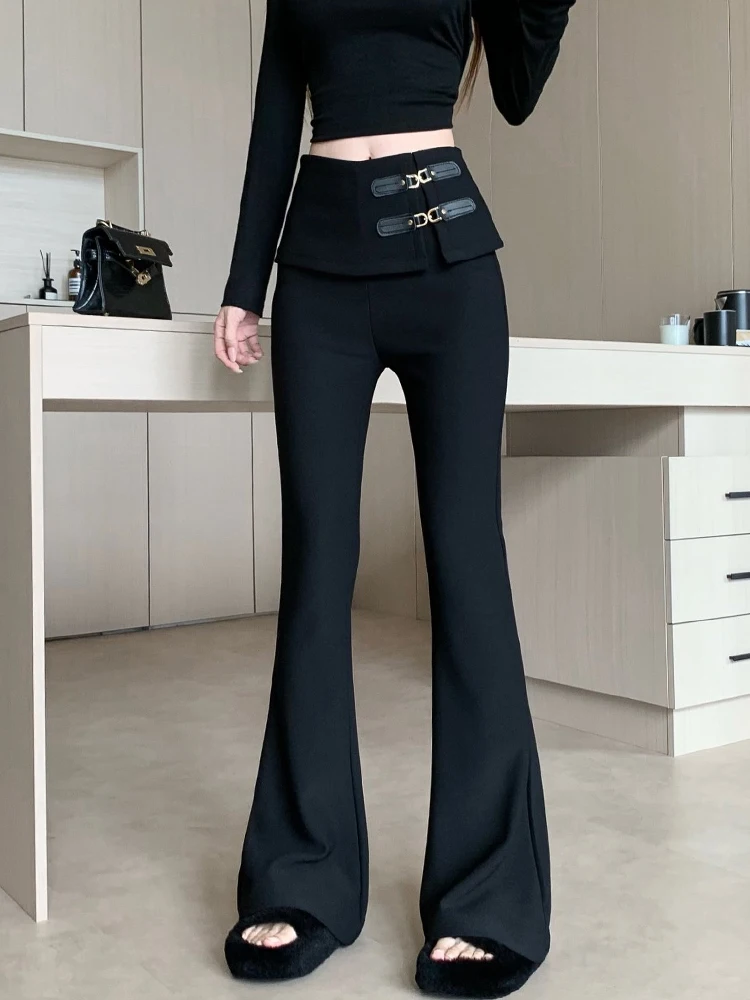 

High end black micro flared pants women's autumn and winter fashion design high waisted casual slim and versatile pants