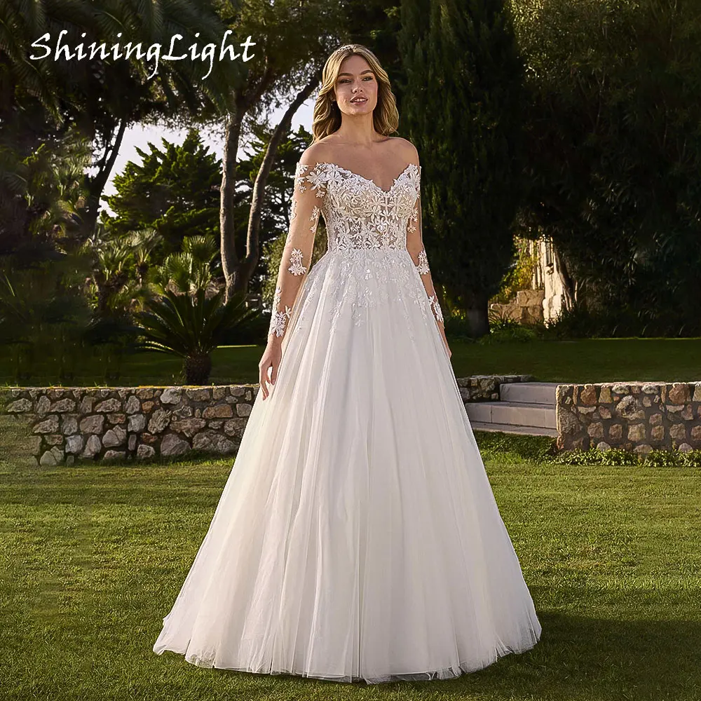 

ShiningLight Vintage Lace A Line Wedding Dresses Off-the-Shoulder Appliques Long Sleeve Tulle Beach Bridal Gowns Customized
