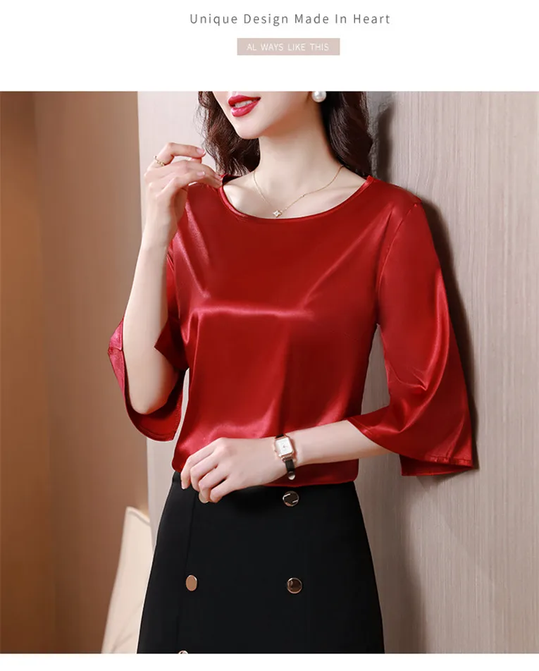 2026 Spring and Autumn New All-match O-neck Three-quarter Flared Sleeve Acetate Satin Blouse tops Basic Simple Ice Silk Shirts
