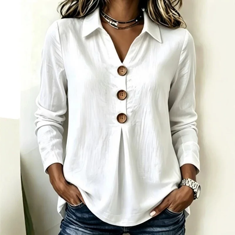 Women Elegant Solid Lapel Button Pleated Blouse Loose Long Sleeve Shirts Spring Autumn Office Daily Tops