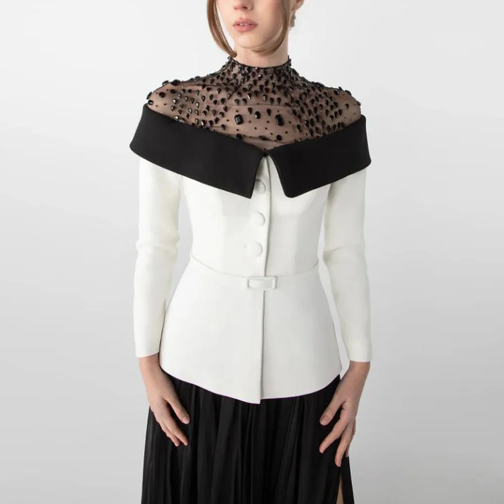 Personalizado elegante vestidos de noite crsytal gola alta mangas completas vestido de noite uma linha fora do ombro vestidos de fiesta