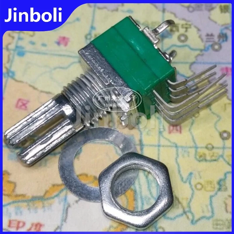 3PCS RK097 Type Double Vertical Sealed Potentiometer B100K B104 Volume Potentiometer 6Pins Bent Foot Flower Shaft Length 15MM