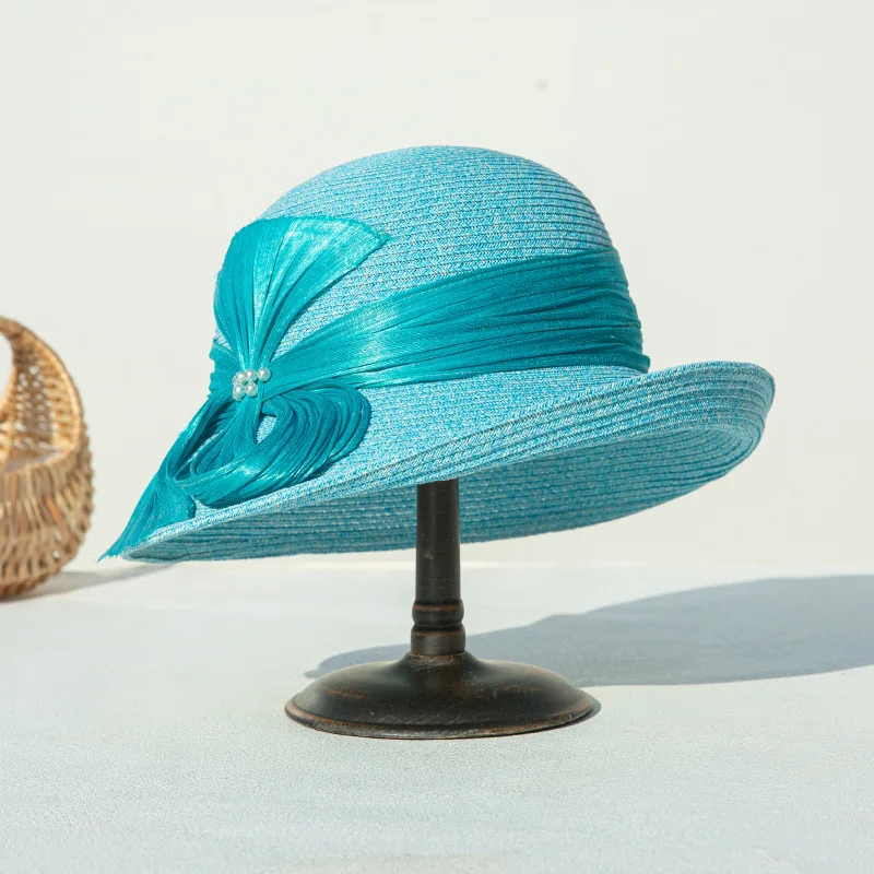 Spring Summer 2023 Linen Fabric Breathable Women\'s English Jazz Hat Feather Decoration Solid Vintage Straw Hat british top hat