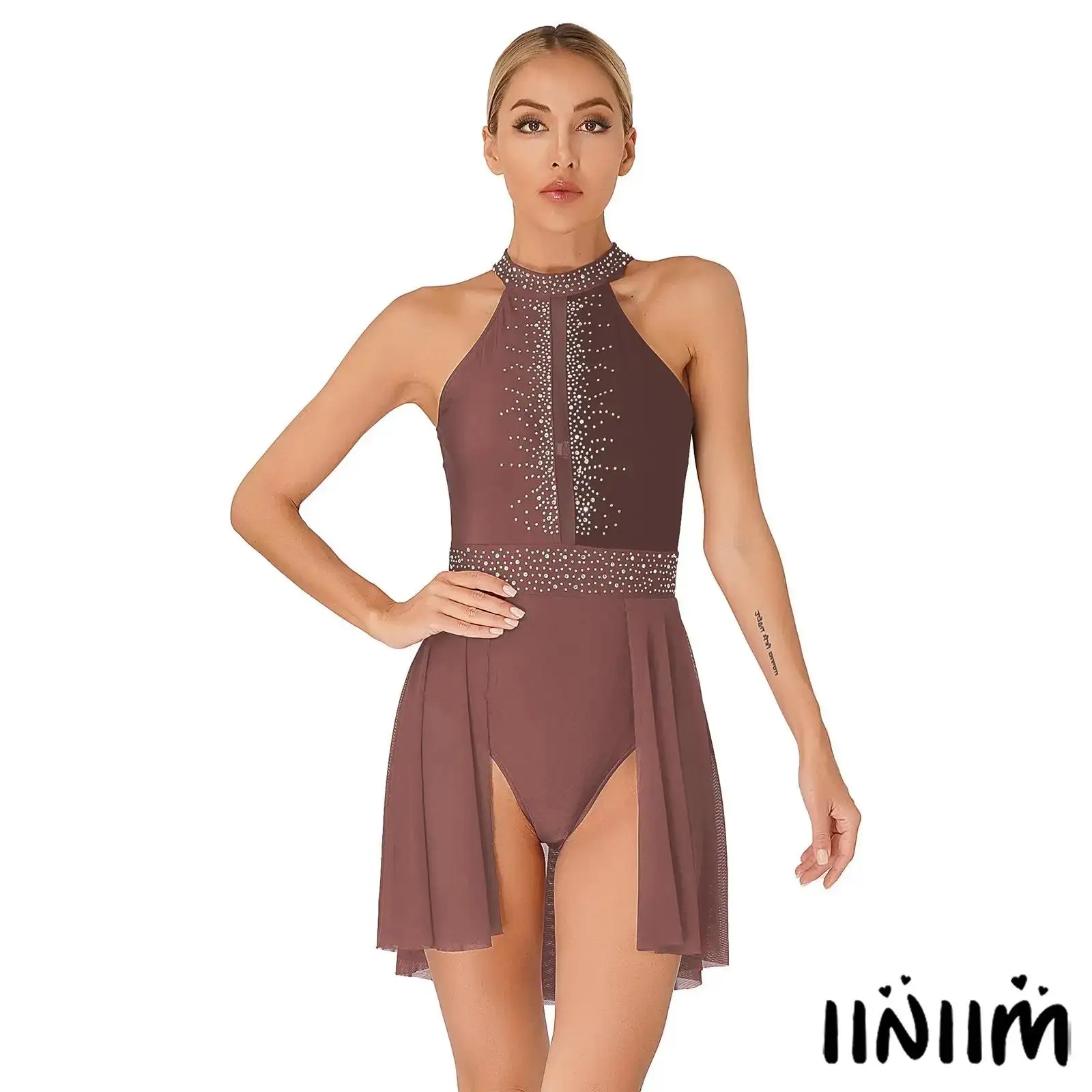 

Womens Lyrical Dance Leotard Contrast Color Sparkly Rhinestone Attached Briefs Flowy Chiffon Skirt for Competitions Parties