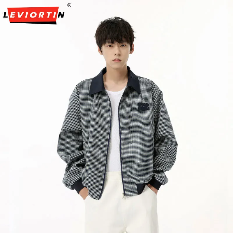 LEVIORTIN Korean Men Checkered Contrast Collar Loose Jacket Autumn Outerwear Classic Stand Collar Button-up Jacket Coat
