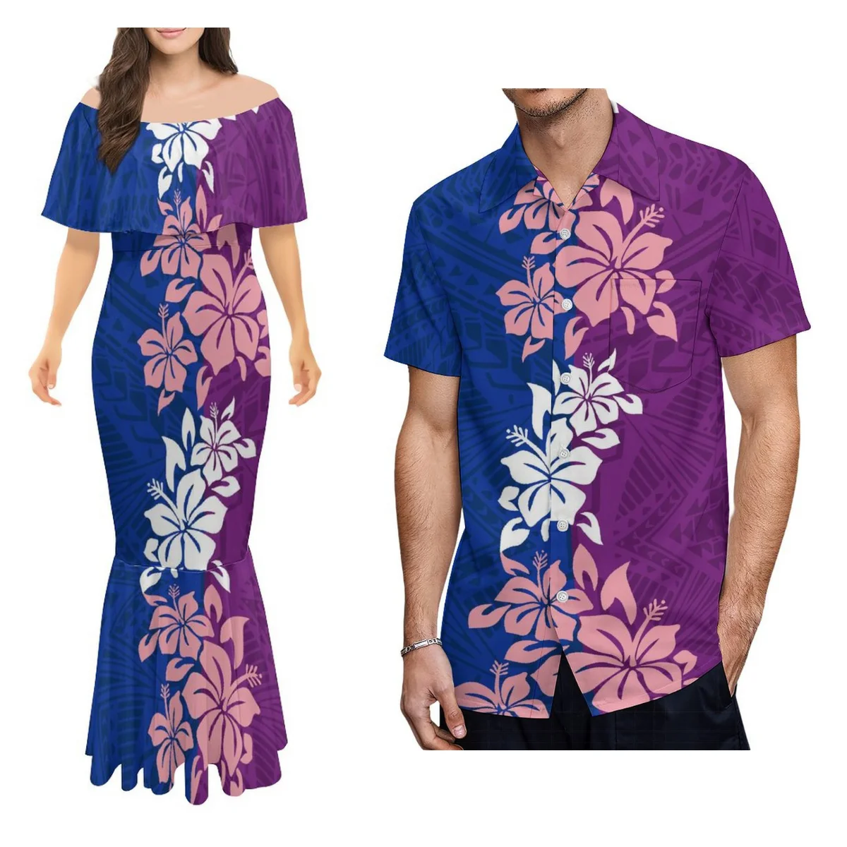 

Polynesian Island Custom Summer Women'S Off-The-Shoulder Maxi Dress Birthday Party Evening Dress And Men'S Shirt Couple Suit