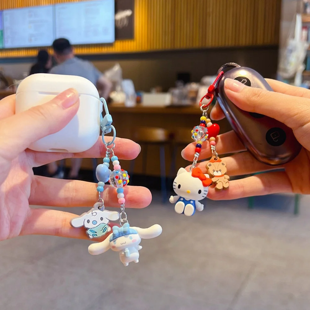 Cartoon Keychain Cute Hello Kitty My Melody Cinnamoroll Beaded Pendant Kawaii Anime Figure Key Ring Bag Charm Gift for Girls