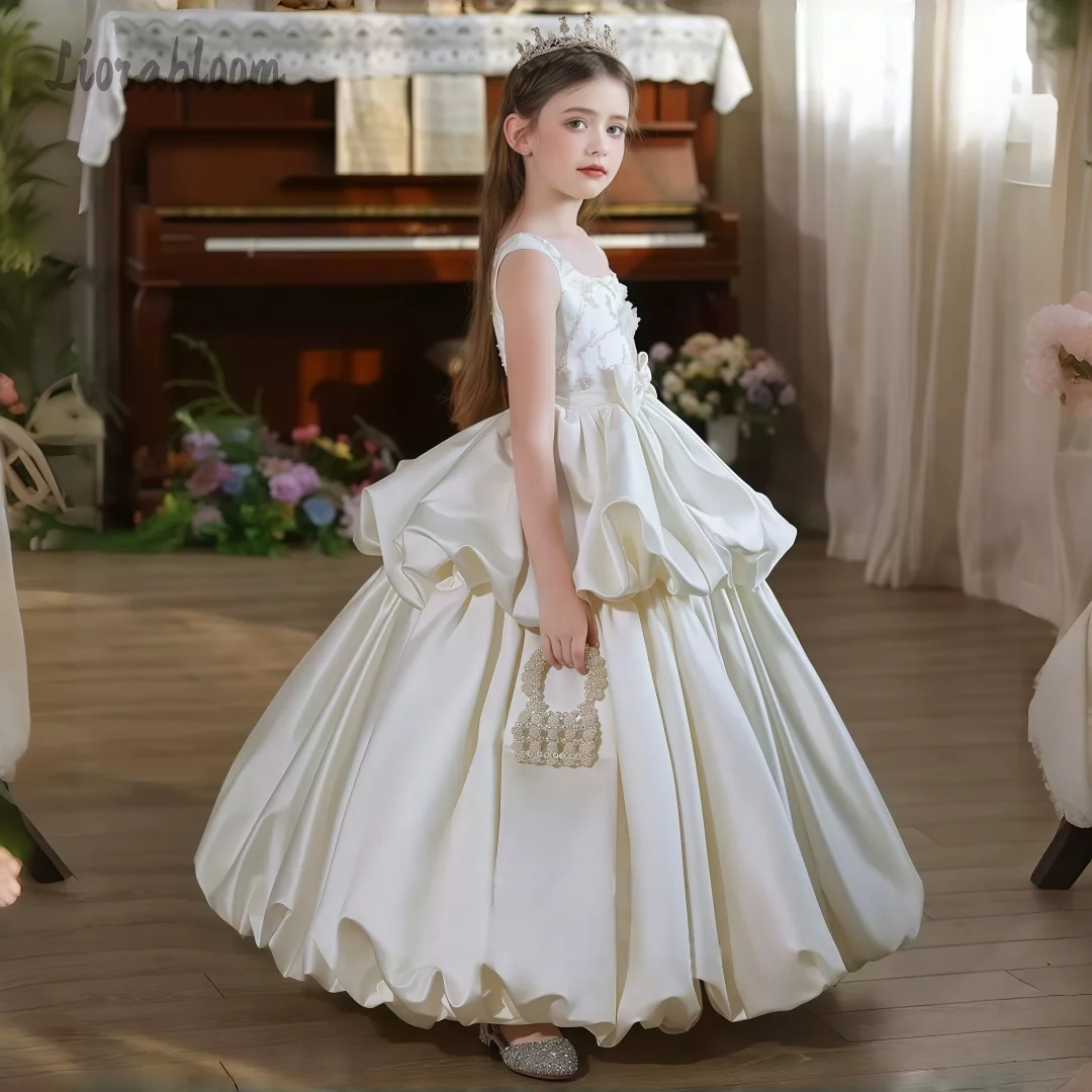 Elegante Abito a Strati per Ragazze, Vestito Lungo Stile Regina Bianco, Sontuoso Abito da Cerimonia Nuziale