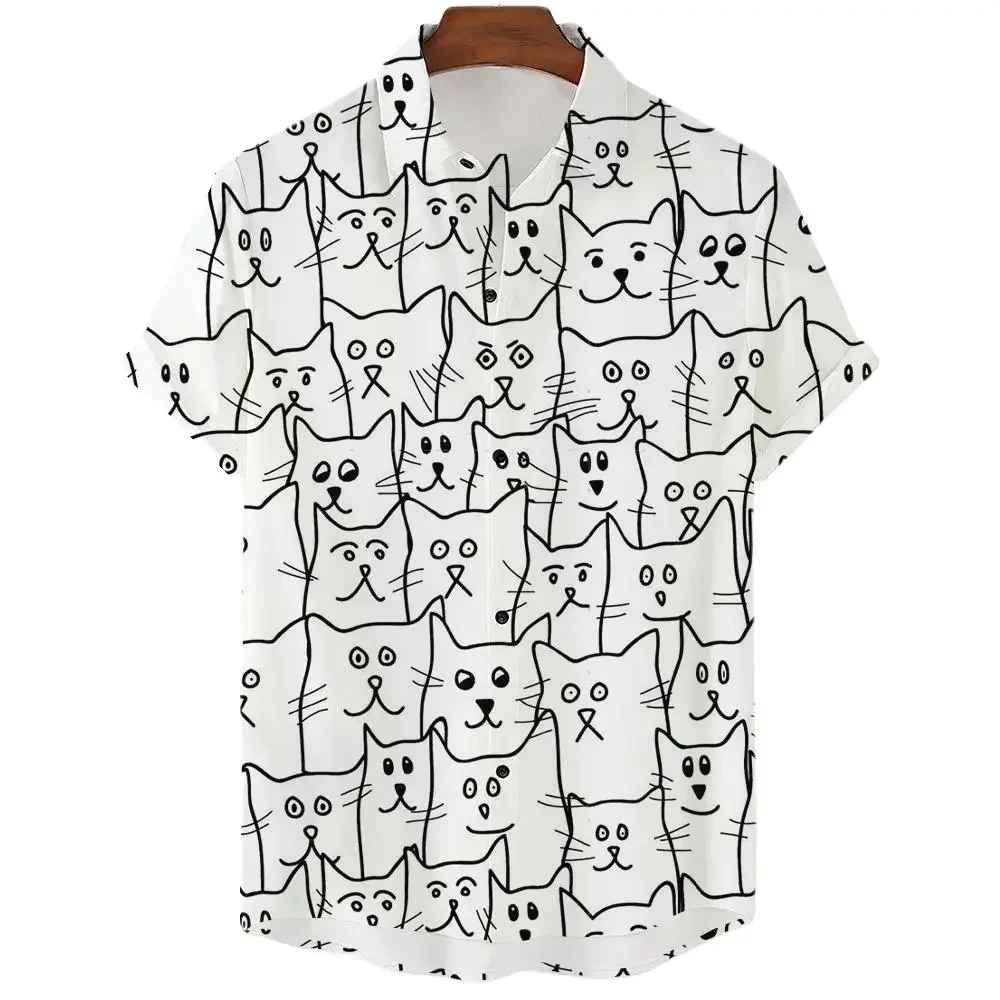 Men's Shirt Black white Cute Cat 3D Print Men's Clothing Oversized Summer Casual Hawaii Beach Hawaiian Harajuku Holiday Shirt