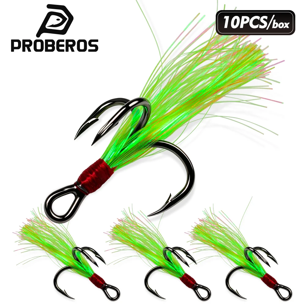 PROBEROS 10Pcs/Box Flash Tinsel Feather Hard Lure Treble Fishing Hooks High Carbon Steel Sharp Triple Hooks Bass Fishing Tackle