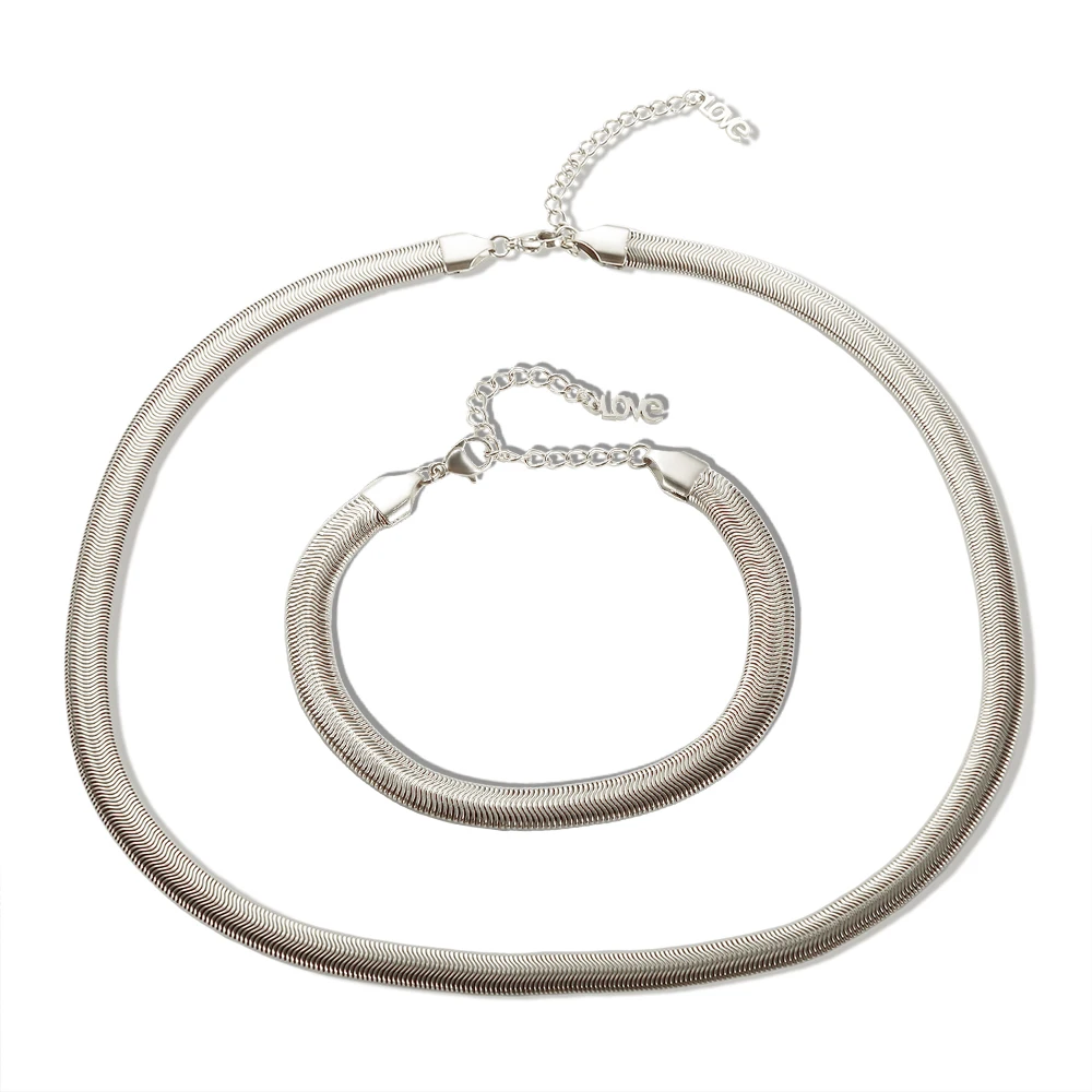 Edelstahl-Halskette, minimalistische metallische Textur, Schlangenkette, 18 Karat vergoldet, flach, dick, Halsketten, Armband für Unisex-Schmuckset – Detail 9