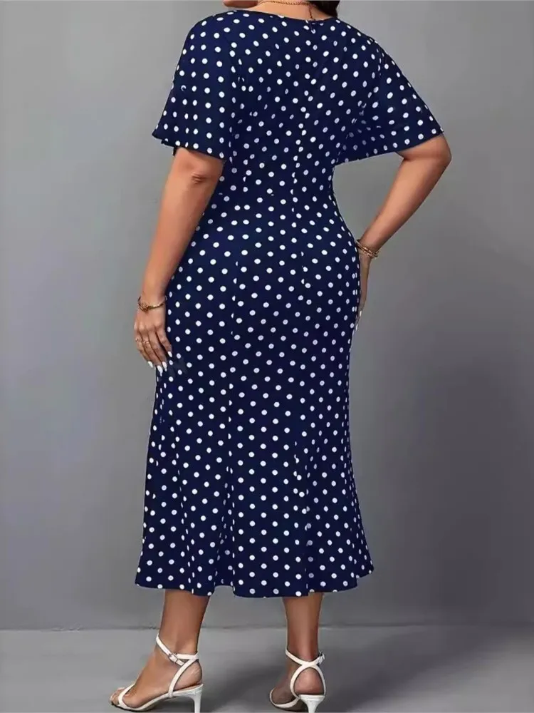 Vestido Midi de talla grande con estampado de lunares para mujer, cintura ajustada, Sexy, plisado con volantes, manga corta