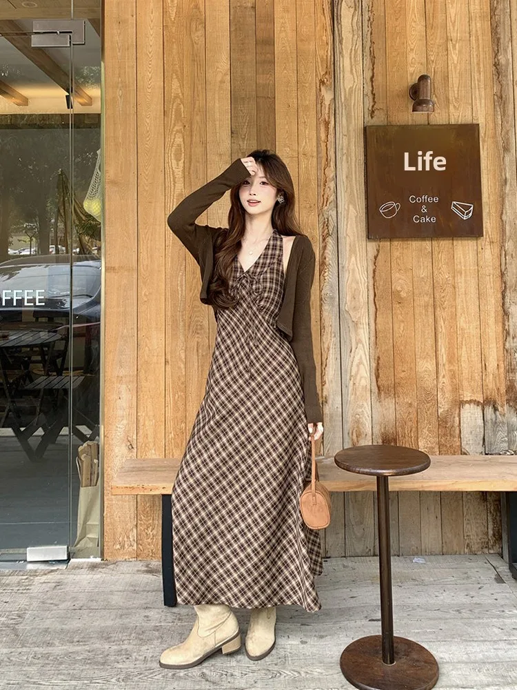 

Женский комплект: кардиган с V-образным вырезом и длинными рукавами, в клетку, с завязками, весна 2026, модная повседневная одежда