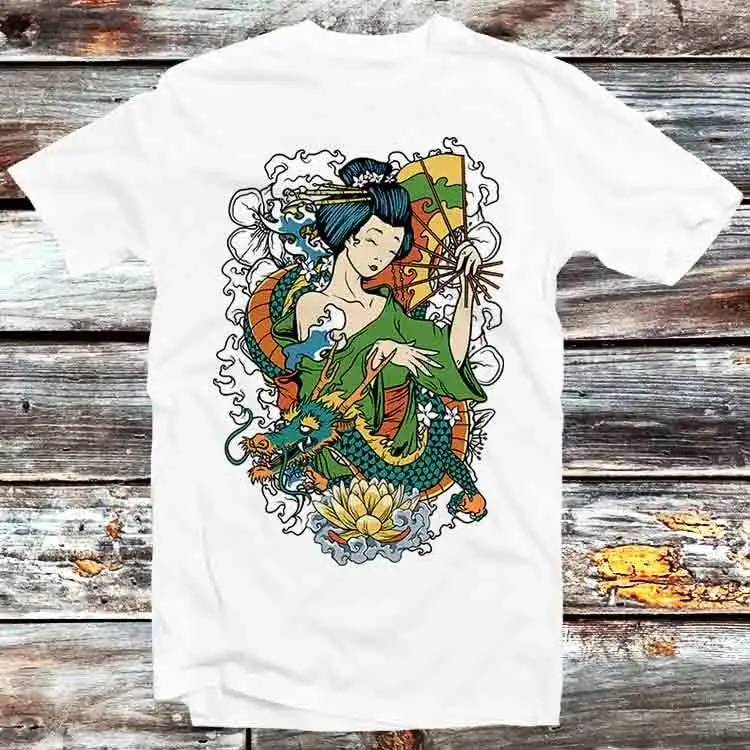 Geisha I Tokyo Japan Japanese Art Dragon Flowers T Shirt Vintage Retro Cool Cartoon Anime Top B777