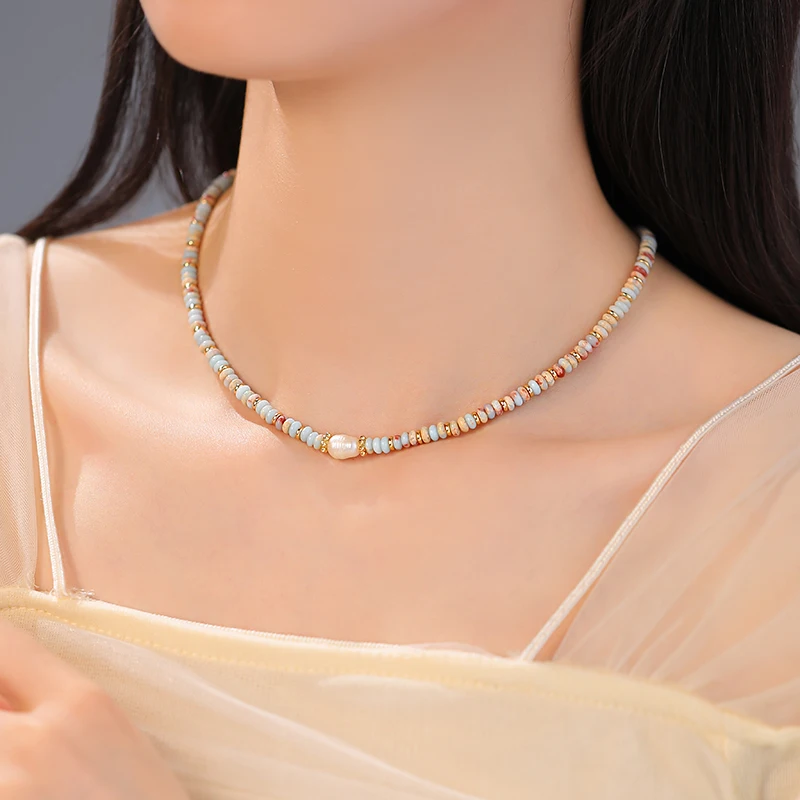 Reine handgemachte gewebte Natursteinperlenkette Perlenanhänger Halskette Luxuriöse Accessoires für Damenhals Modeschmuck – Detail 12