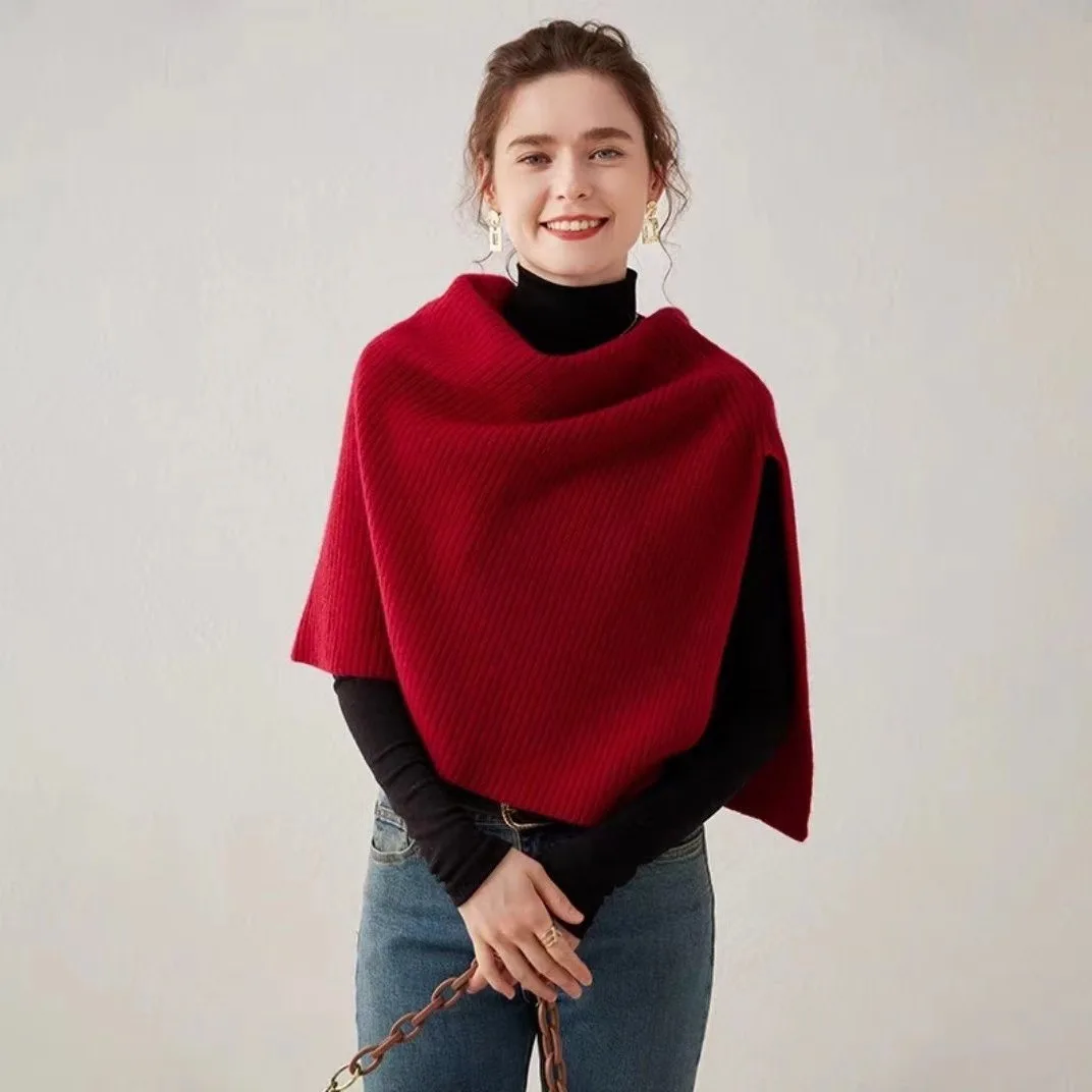 Outono e inverno nova malha xale cachecol pulôver feminino empilhado usar integrado pescoço capa xale quente divisão de um lado