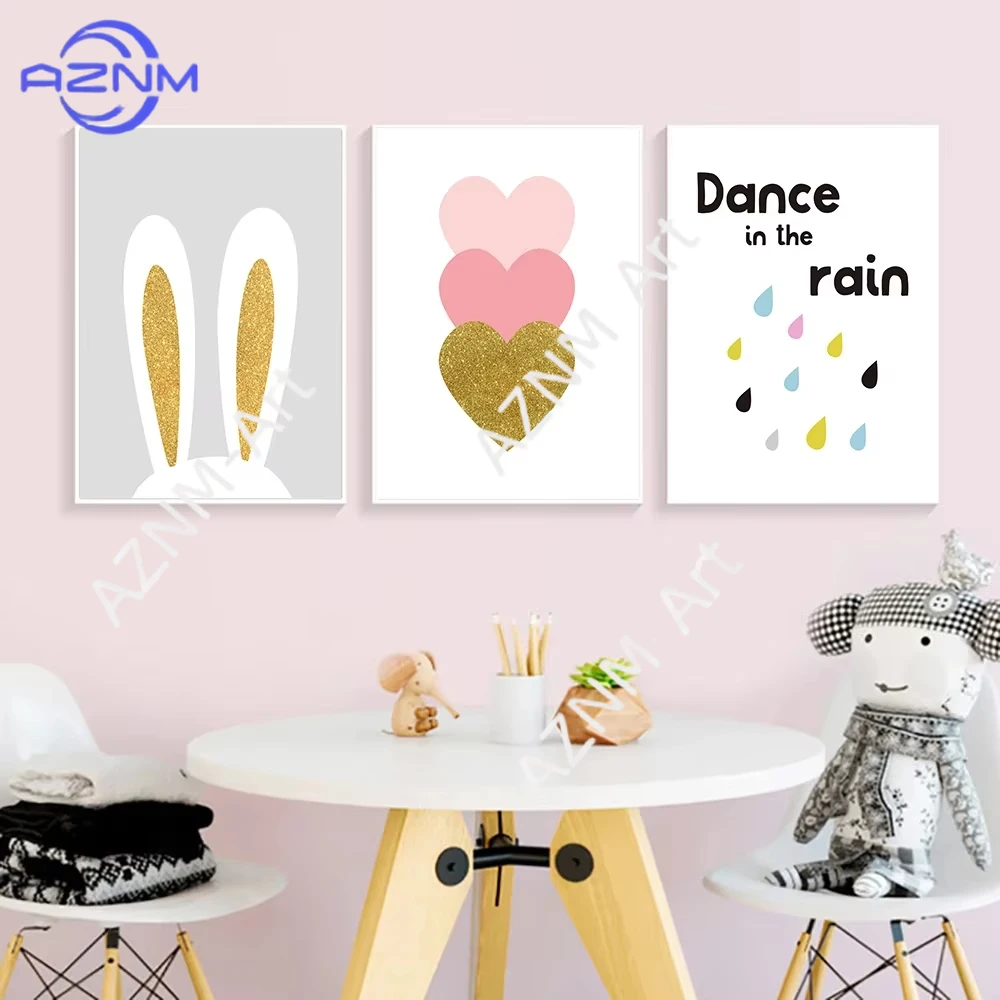 1/3 Stück Kaninchen Rosa Herz Kinderzimmer Wandkunst Poster Drucke Zitate Leinwandmalerei Cartoon-Bilder für nordische Kinder Babyzimmer