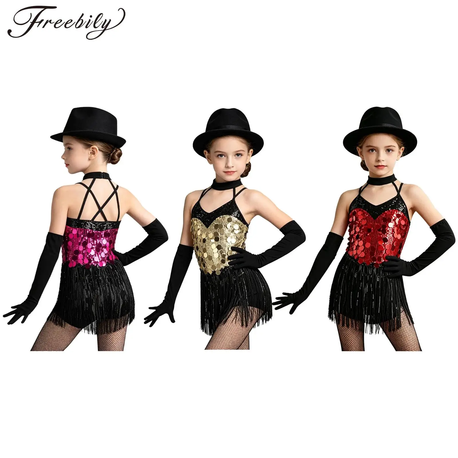 

Kids Girls Tassels Latin Dance Outfits Halter Sleeveless Sparkling Sequins Fringed Dress with Gloves Set