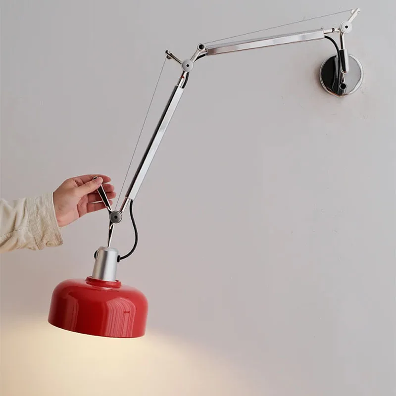 Nordic Chrome Adjustable Arm LED Wall Lamps Post-modern Red Lampshade Wall Lights Bedside Reading Study Art Sconce