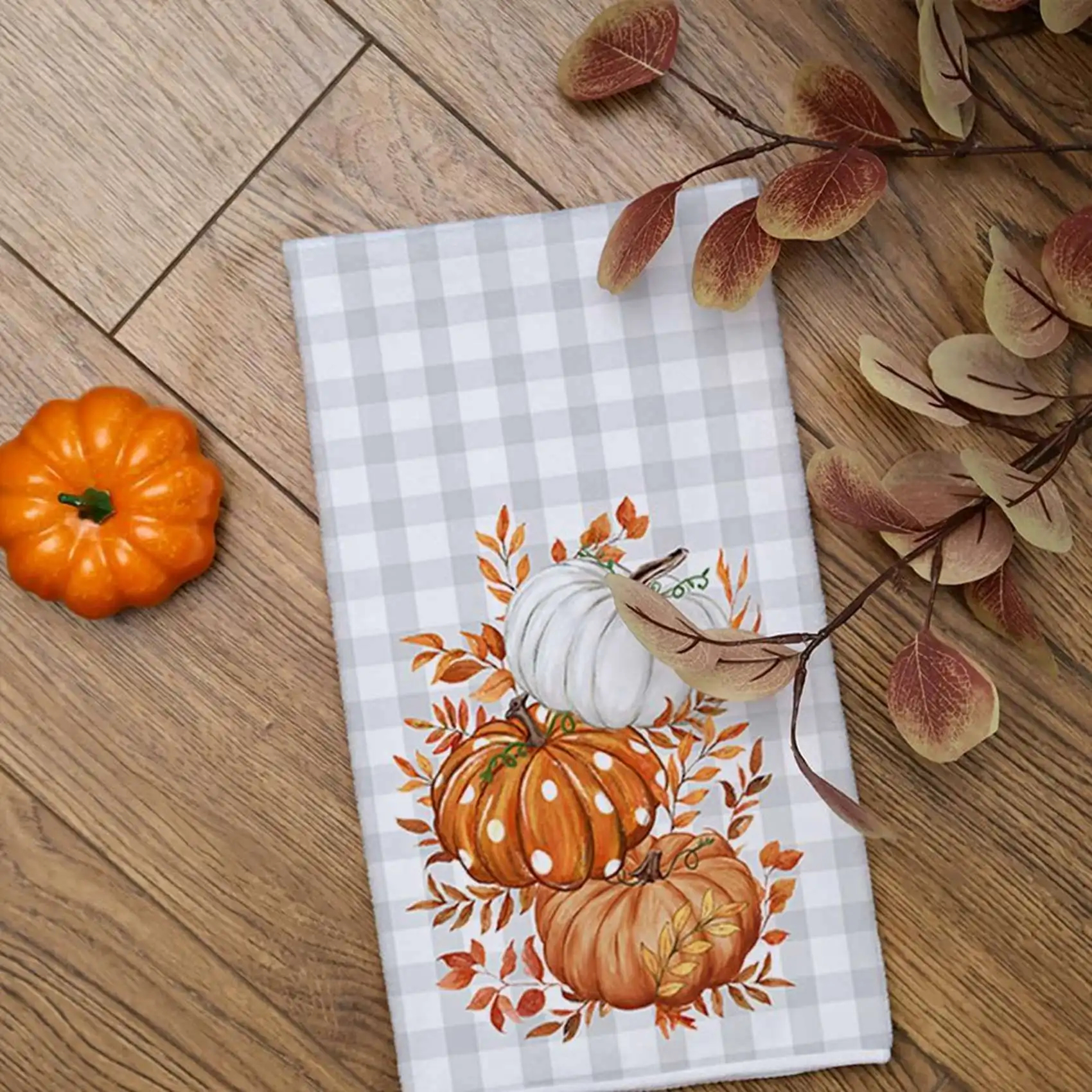 AT21-4PCS Fall Kitchen Towels Set Of 4, Orange Pumpkin Grey Check Autumn Dish Towels Drying Dishcloth